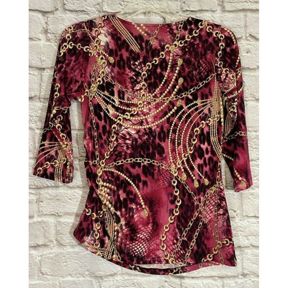 Simonton Says Shirt XS Gold Chain Pink Snake Print Ruched Side Top 8456 - Picture 2 of 6